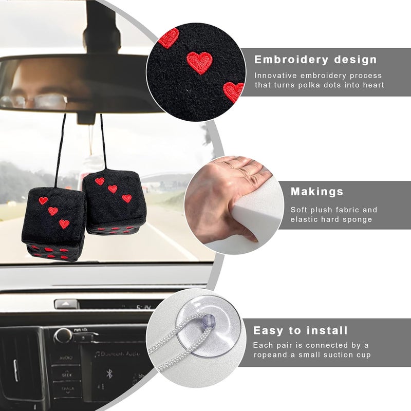 ZNDAW 2 قطع نرد فuzzy من الفرو لمرآة السيارة، 2.75" شكل قلب مربع عتيق لمرآة الرؤية الخلفية، ديكور لطيف، زينة معلقة للسيارة للنساء (أسود وأحمر) - Image 3